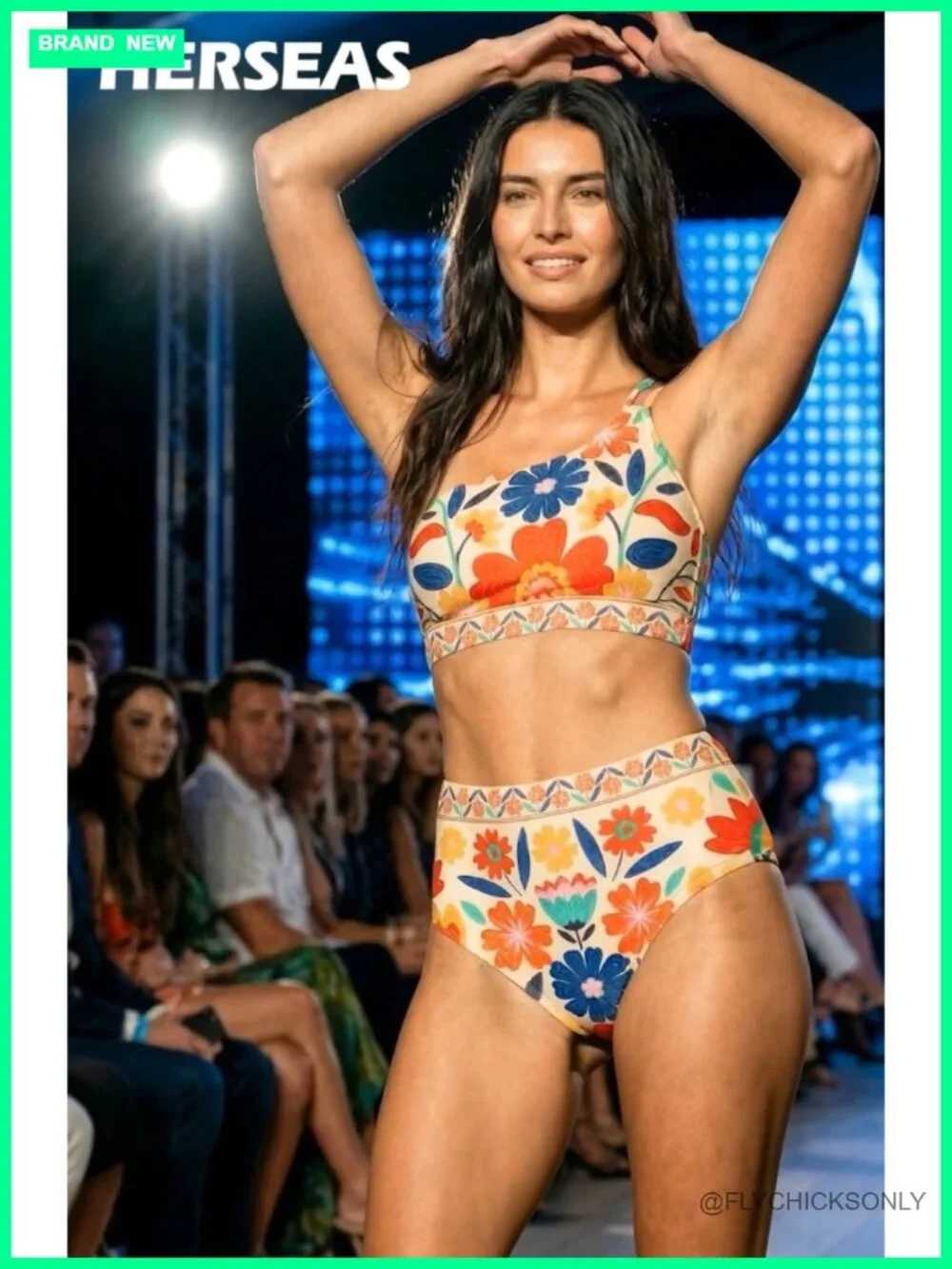 High Waisted Floral Print One Shoulder Bikini Set, 85% Polyester 15% Spandex